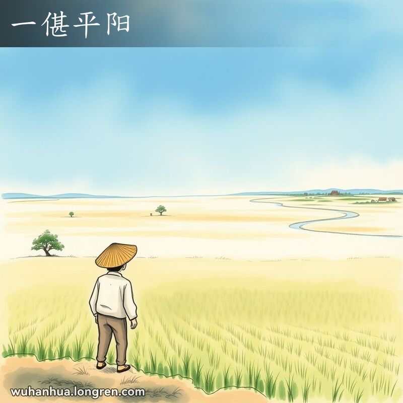 一片广阔平坦的田野景象，田野上种满了整齐的农作物，远处有几棵零星的树木和一个小村庄，农民站在田边眺望。