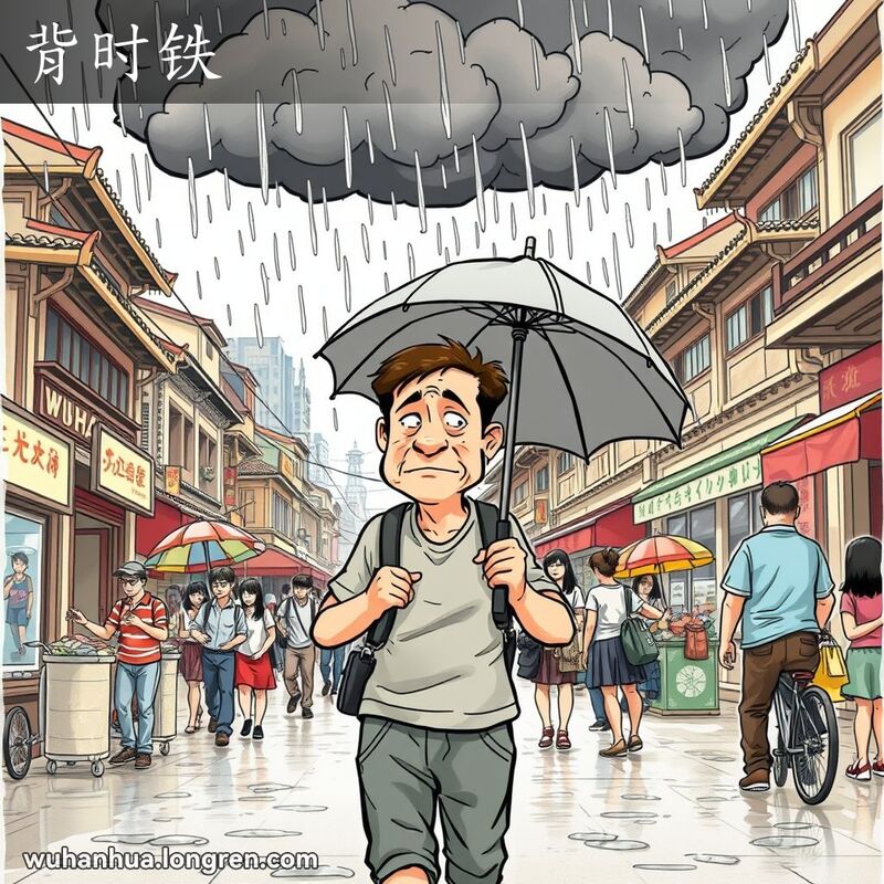 一位武汉男子在街上行走，头顶乌云下雨，手持破伞，表情沮丧，背景是武汉老街景