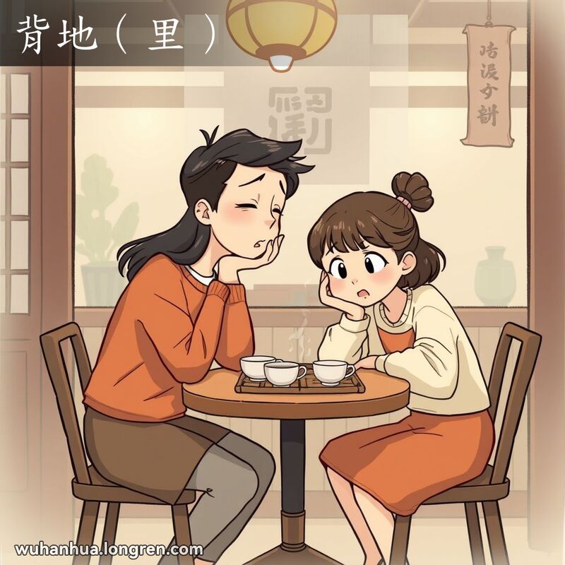 两位朋友在茶馆内低语，一位露出惊讶表情，背景有茶杯和竹茶盘