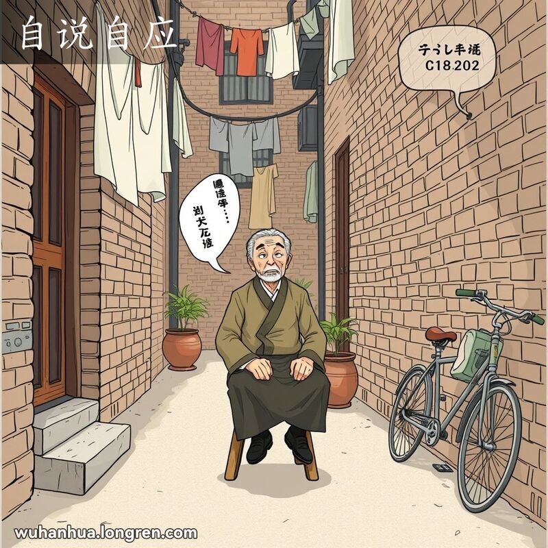 一位老人独自坐在武汉小巷中，自言自语，背景有老旧砖墙和晾晒的衣物