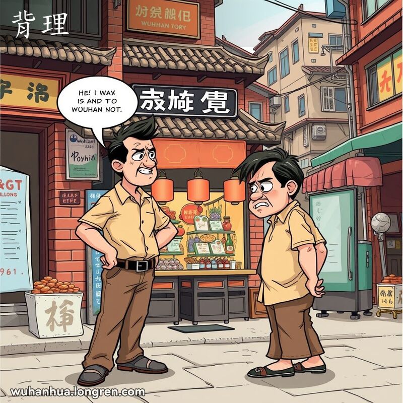 两位武汉男子在街边争论，一人自信满满，另一人理亏低头，背景是武汉老街景