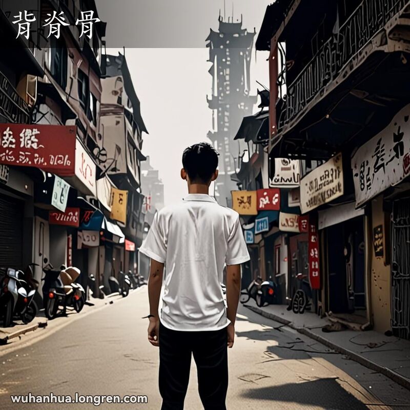 一位武汉男子背对观众站立，突出展示脊柱，背景是武汉老街景