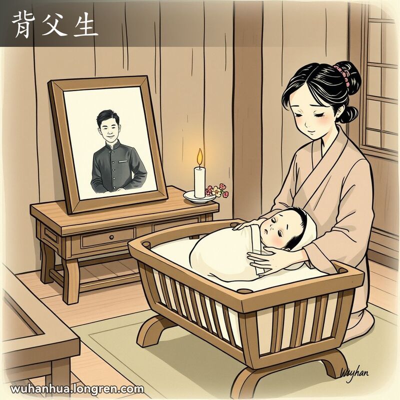 新生儿躺在摇篮中，母亲坐在旁边，背景有逝去父亲的照片和蜡烛，象征怀念