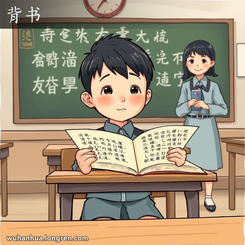一位武汉学生坐在教室里，手捧书本，专注地背诵课文，背景是中国传统教室