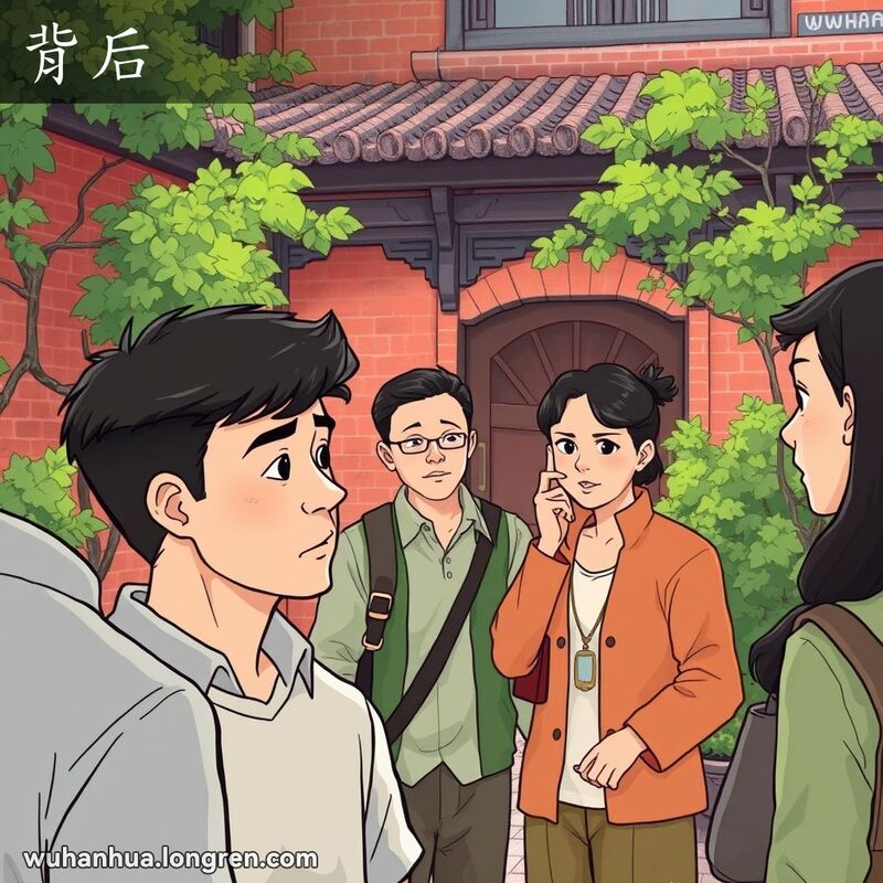 一群人在武汉庭院中，前景有人交谈，背景有人窃窃私语，反映“背后”的意思