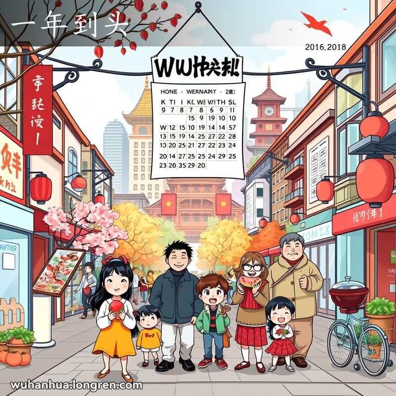 武汉街道上的一家人在一年四季中进行各种活动，背景有黄鹤楼和长江大桥