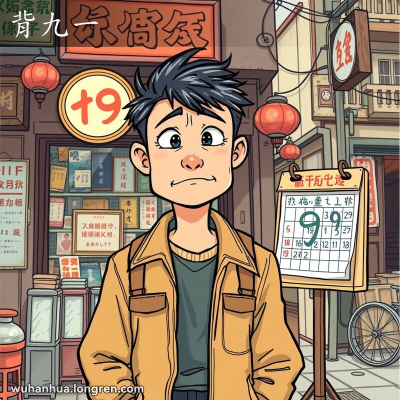 一位穿着复古服装的武汉年轻人站在老式商店前，手拿日历显示1月9日，表情失望，背景是武汉老街景