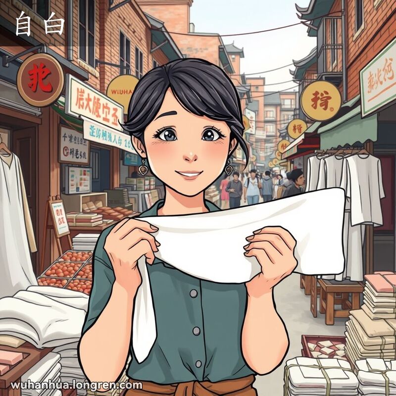 一位女性在武汉街市上手持天然白色布料，背景是老砖房和传统市场摊位