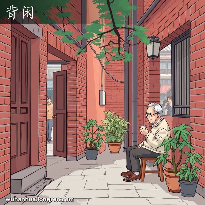一条幽静的武汉小巷，老人坐在凳子上喝茶，享受宁静时光，背景是繁忙的城市生活