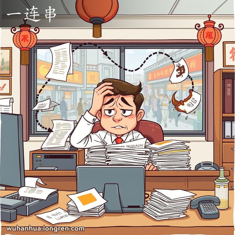 一位武汉办公室职员坐在堆满文件的桌前，显得非常烦恼，背景是一连串相互关联的问题和武汉街景