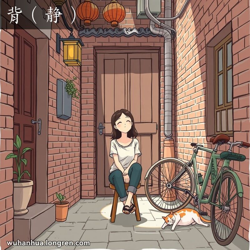 一条幽静的武汉老街巷子，一位年轻女子坐在门口的小板凳上，闭目养神，享受宁静时光，背景有老自行车和懒猫。