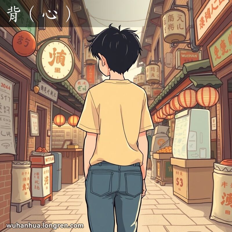一位武汉市民在市场中背对观众，突出背部，背景是武汉老街景