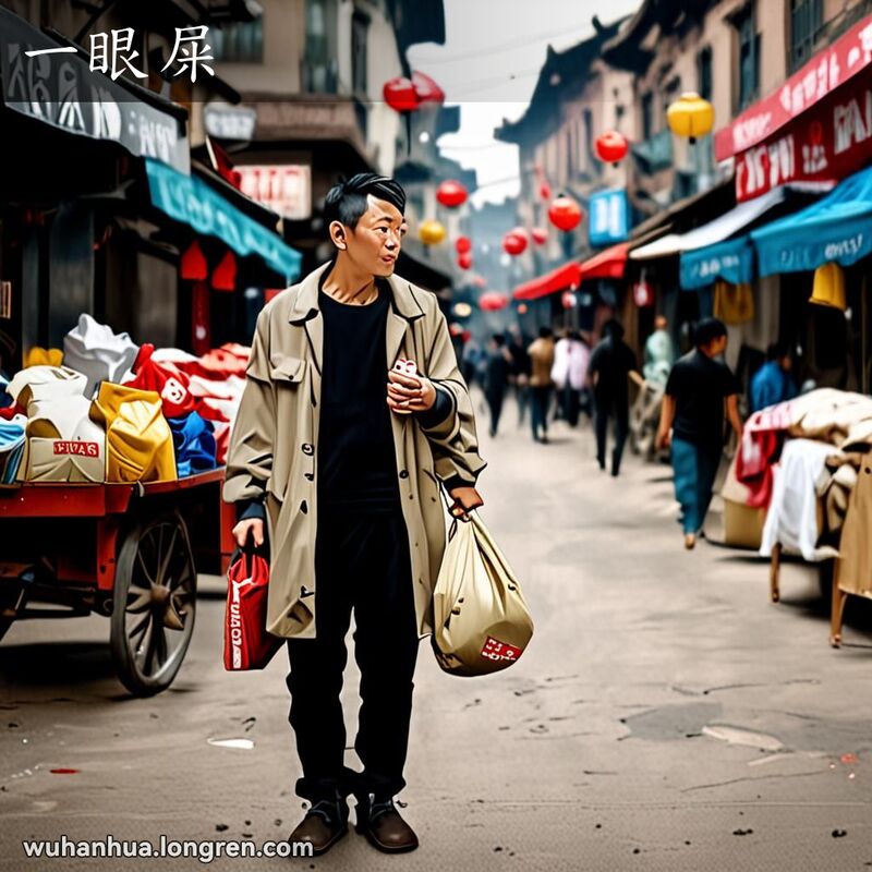 一位武汉市民在市场中手持几乎空无一物的袋子，表情失望，背景是武汉老街景