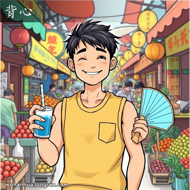 一位年轻男子穿着无袖背心，站在武汉市场中，手持冷饮和扇子，背景是繁忙的市场摊位和小贩。