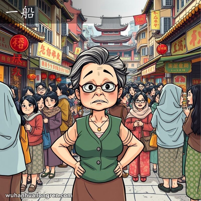 一位中年妇女站在武汉街头的市场摊位前，周围是一大群妇女，她露出惊讶和不满的表情，背景是热闹的市场景象