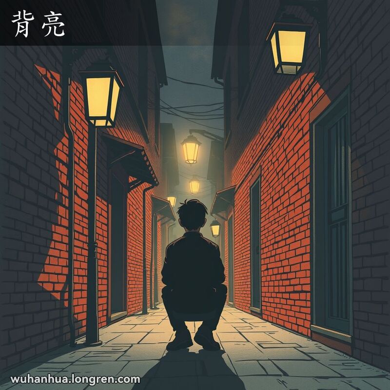 一个人坐在武汉老街的阴暗小巷中，背对着光源，形成背光剪影效果