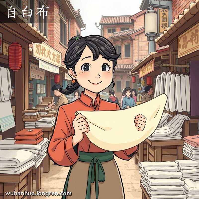 一位武汉妇女在市场上展示天然白布，背景是武汉老街景