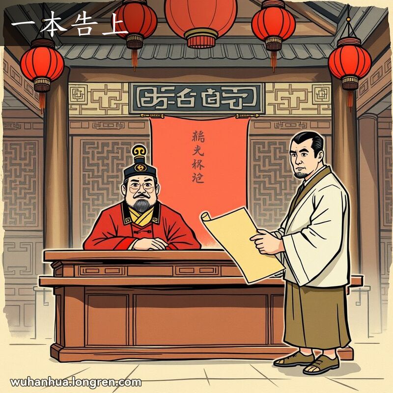 一位男子在古代法庭上手持文书，神情坚定地向法官陈述控诉，背景是古代中国建筑。