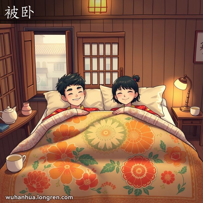 一对年轻夫妇在传统武汉家庭的卧室中，躺在一床厚实、花纹繁复的被子下，脸上带着满足的微笑，房间装饰简朴，窗外是宁静的武汉街景