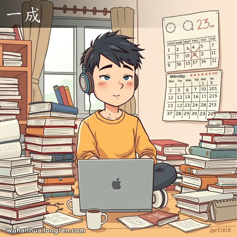一位年轻人在房间里专注学习，周围有书籍和笔记本电脑，桌上有空咖啡杯和散落的笔记，背景有日历，表现“一成”的持续时间。