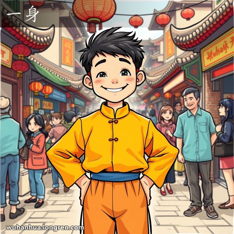 一位年轻的武汉男子穿着崭新的传统中式服装，站在热闹的市场中，背景是武汉的传统建筑和摊贩