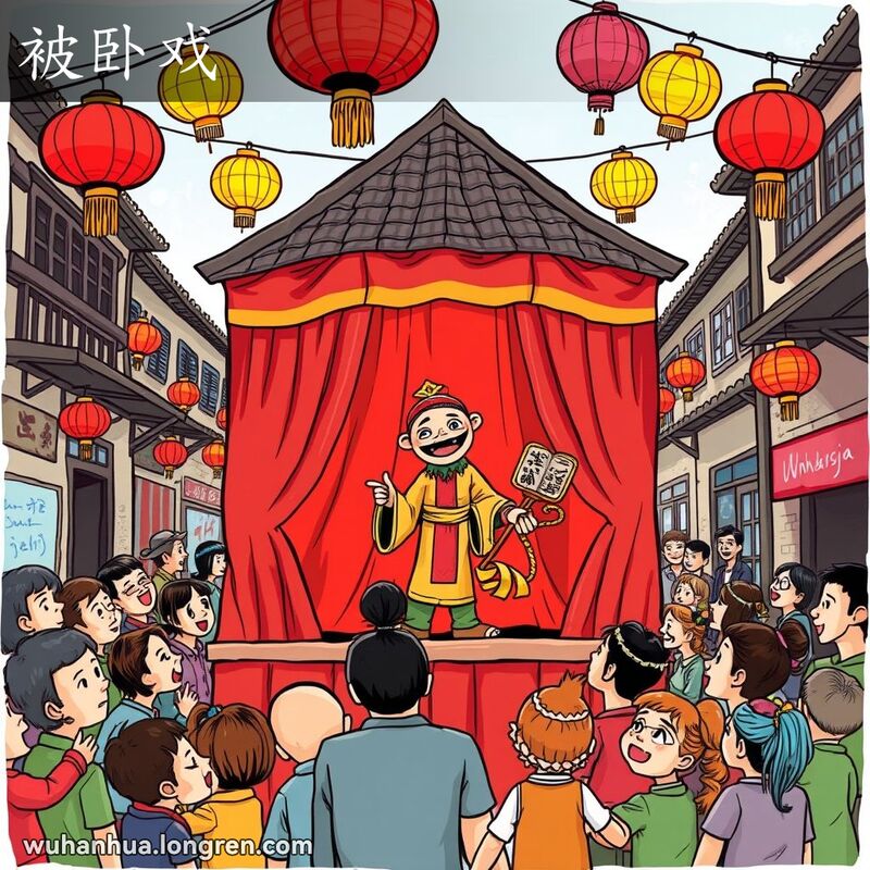 武汉老街上的木偶戏表演，艺人在布帐中操控木偶，观众围观。