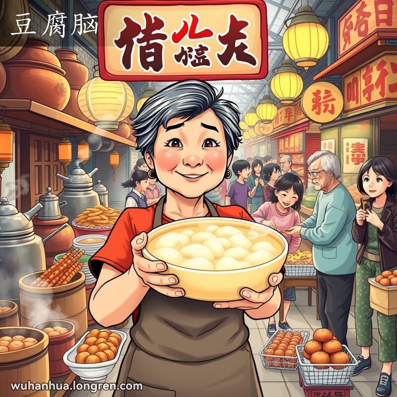 武汉街头市场，摊主手持热气腾腾的豆腐脑，背景有其他摊贩和行人