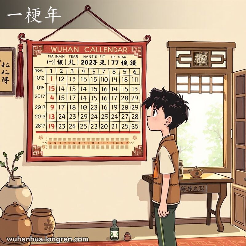 一位年轻人站在传统武汉挂历前，挂历每页代表一年，背景有老式木桌和传统茶具