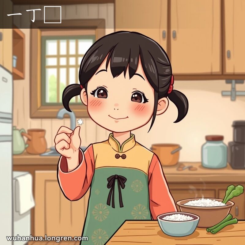 一位穿着传统服饰的小女孩在厨房里捏着一小撮盐，背景有木质桌子和烹饪材料