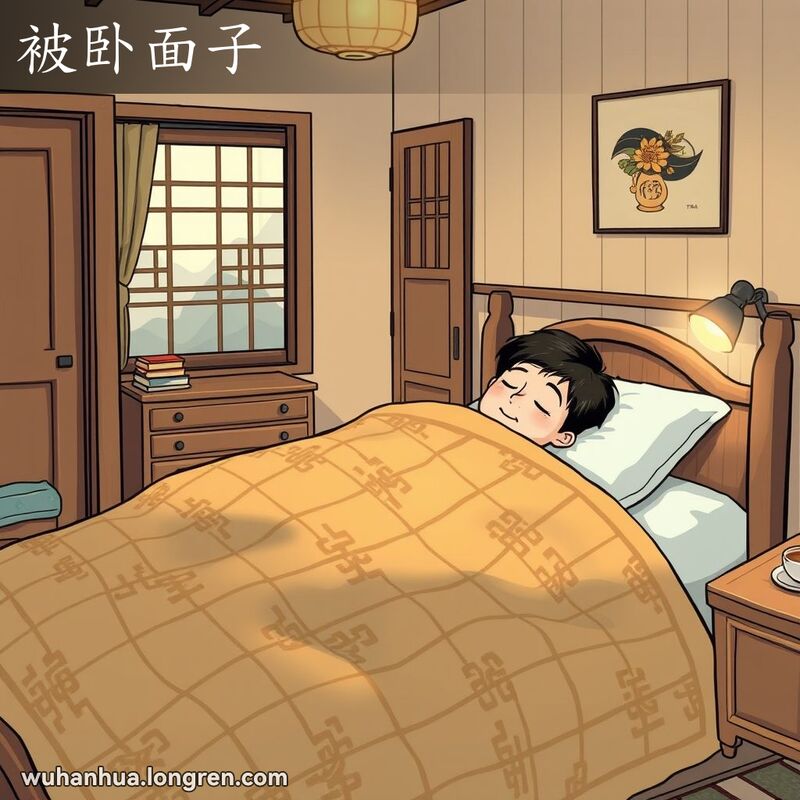 一个人躺在床上，盖着被子，被子的外侧朝上，背景是温馨的武汉传统卧室。