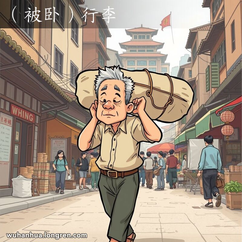 一位中年男子在武汉街道上肩扛被褥包裹，背景是热闹的市场和老建筑