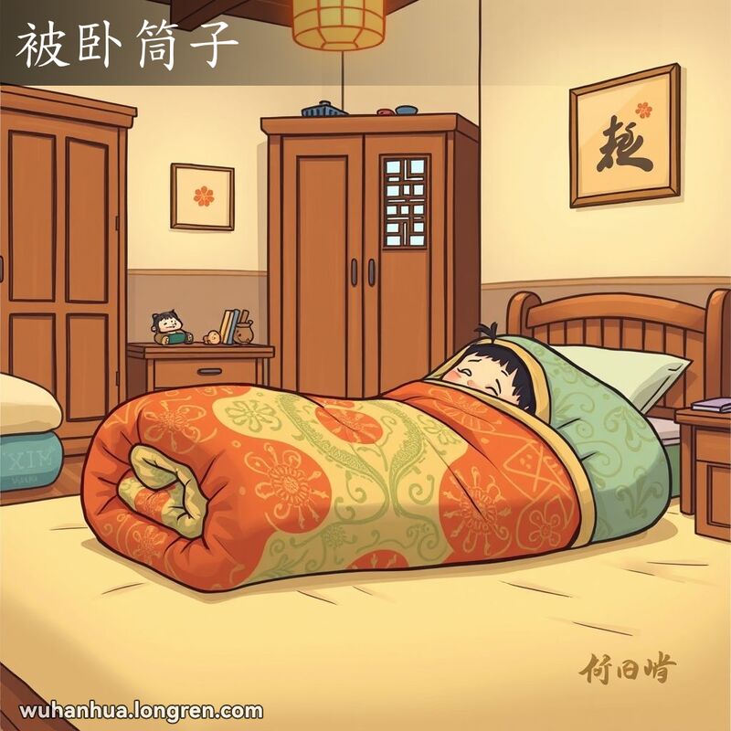 一个温馨的武汉卧室，床上有一个长筒形的被子，小孩从被子下探出头来，背景有木质衣柜和格子窗