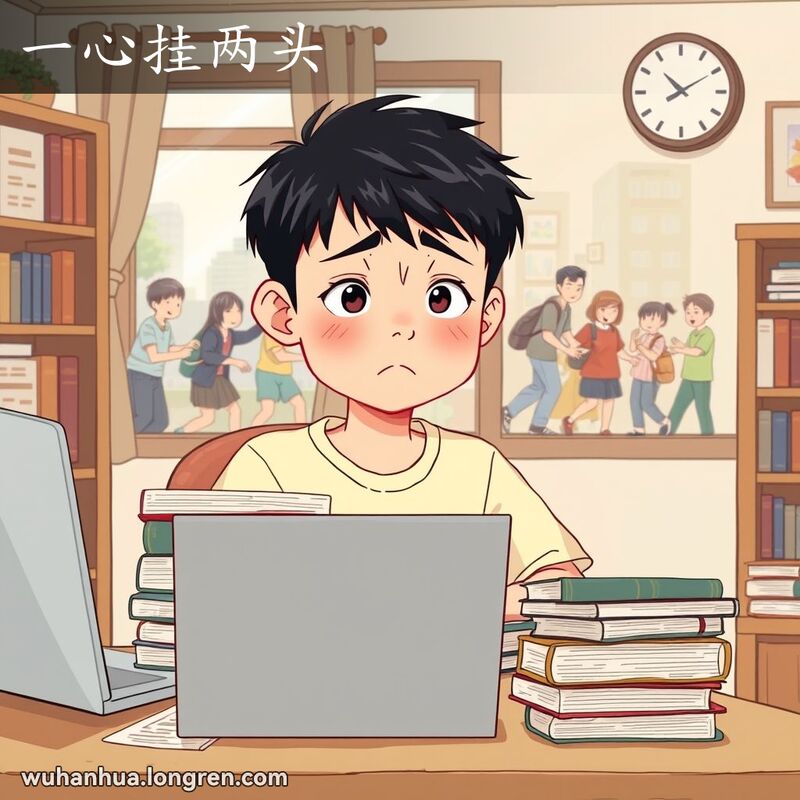 一位年轻学生坐在书桌前，试图专心学习，但目光不时飘向窗外的朋友，显得分心和担忧。