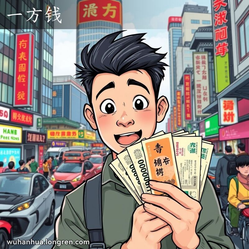 一位年轻人在武汉街头手持一沓钞票，表情惊讶兴奋，背景是繁忙的城市景象