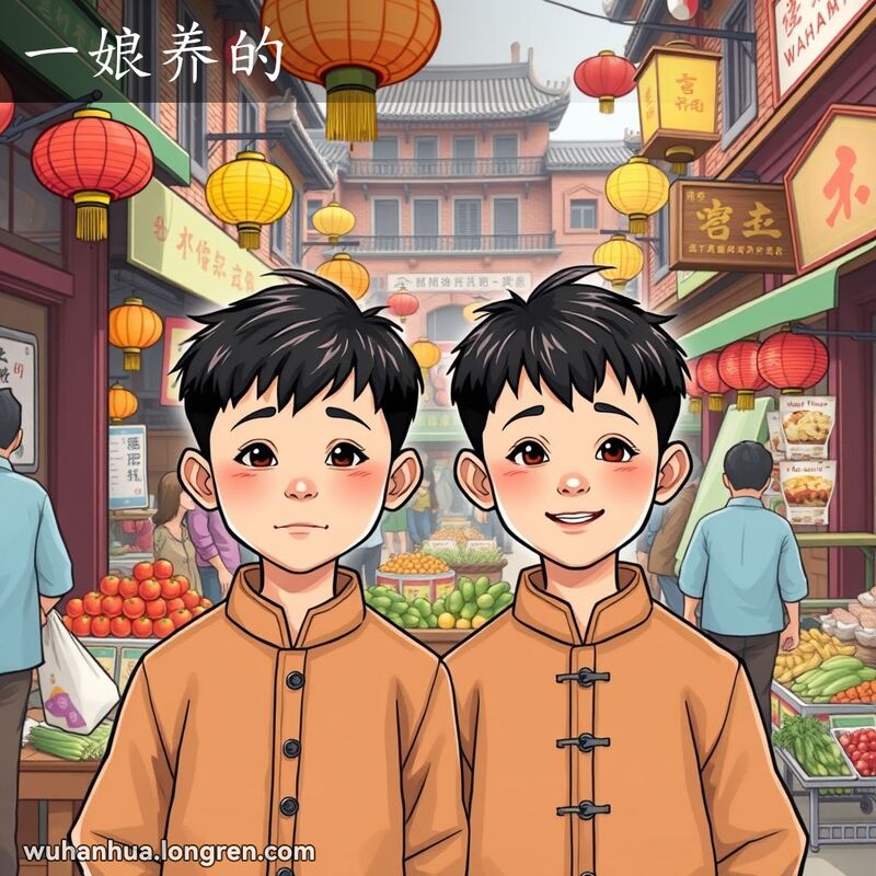 两位年轻的兄弟穿着相似的传统中式服装，站在武汉热闹的街头市场中，背景是繁忙的市场场景，有当地的小贩、五彩的灯笼和传统小吃