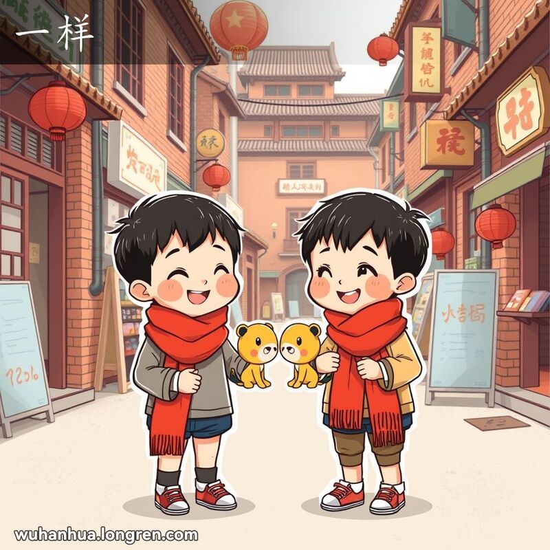 两个孩子在武汉老街上穿着相同的红领巾，手拿相同的玩具，笑容满面地互相看着，背景是武汉老街景