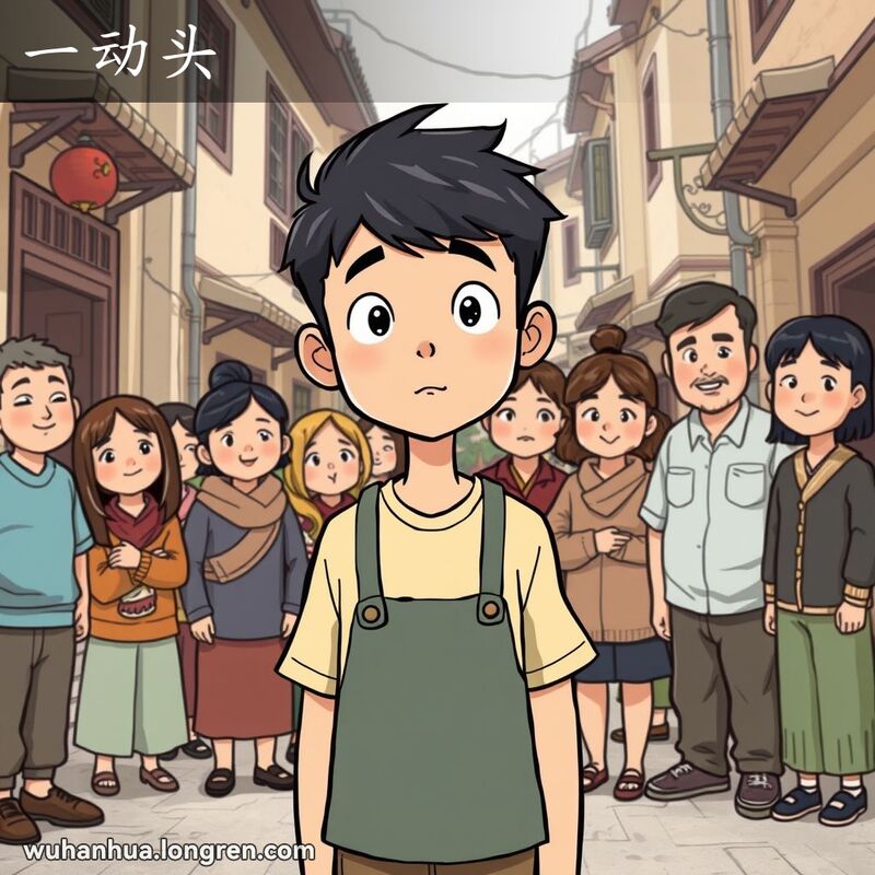 一位年轻人在武汉老街区准备开始任务，背后邻居微笑支持，体现“一动头”的场景。