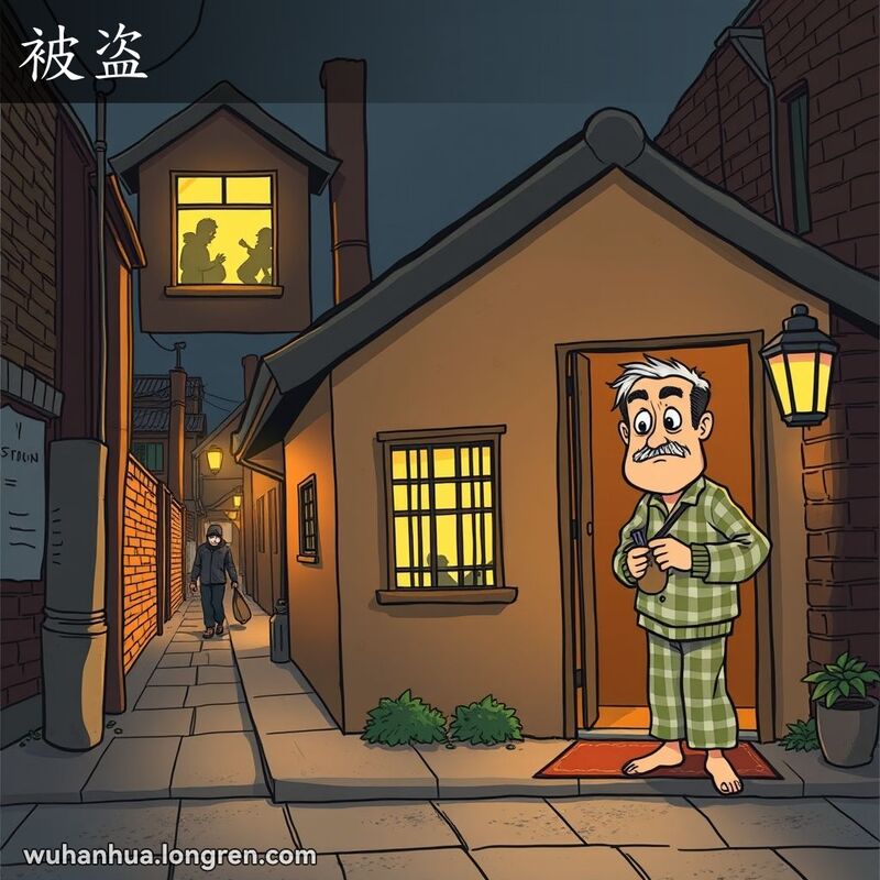 武汉街道夜景，小旧房子窗户敞开，盗贼溜走，房主震惊担忧