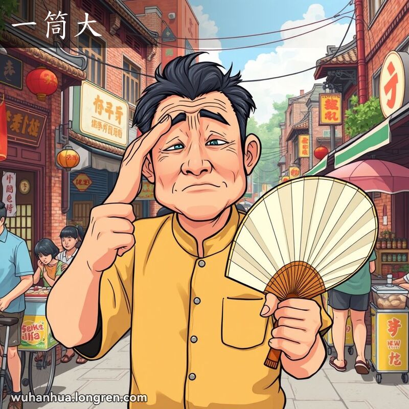 一位武汉男子在炎热的街头手持大蒲扇，擦拭汗水，表情显得非常热，背景是武汉老街景