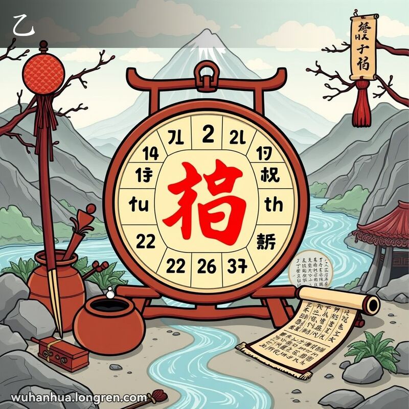 传统中国历法上突出显示天干第二位“乙”，周围有毛笔、砚台和书法卷轴，背景是山水画