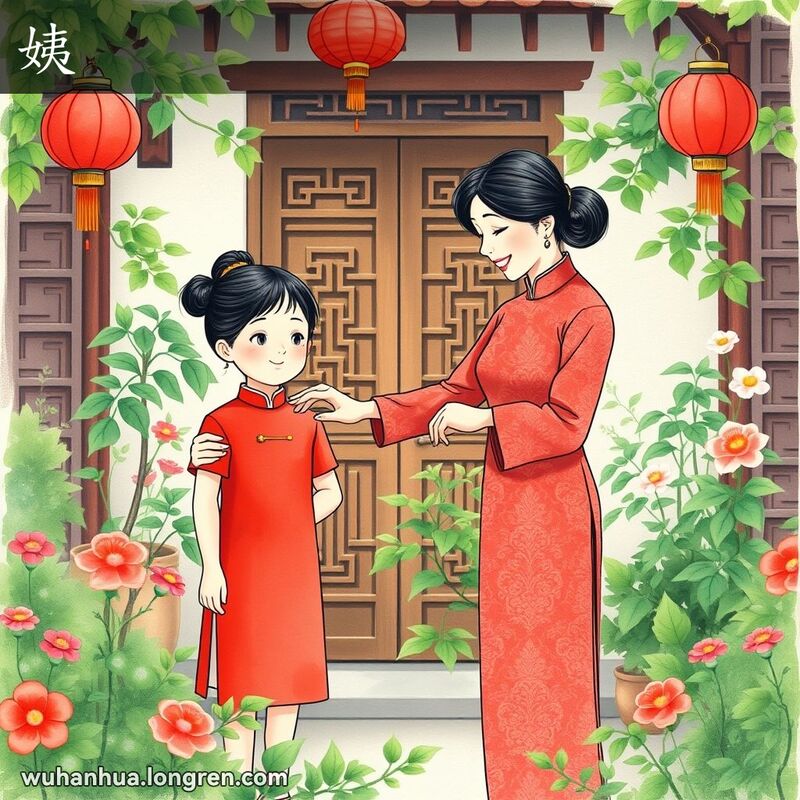 一位年轻的女孩和她的姨妈在传统中国庭院中，姨妈温暖地微笑着，手放在女孩的肩膀上，背景有经典的中国木门和红灯笼。
