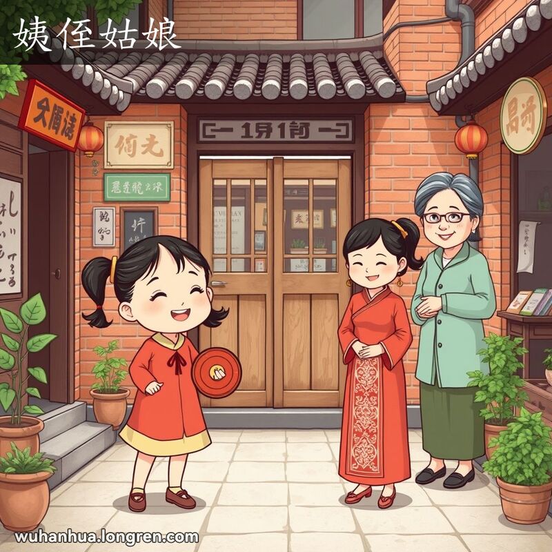 一个小女孩在武汉庭院中玩扯铃，背景是两位女性在交谈，其中一位是小女孩的姨妈，背景是武汉老街景