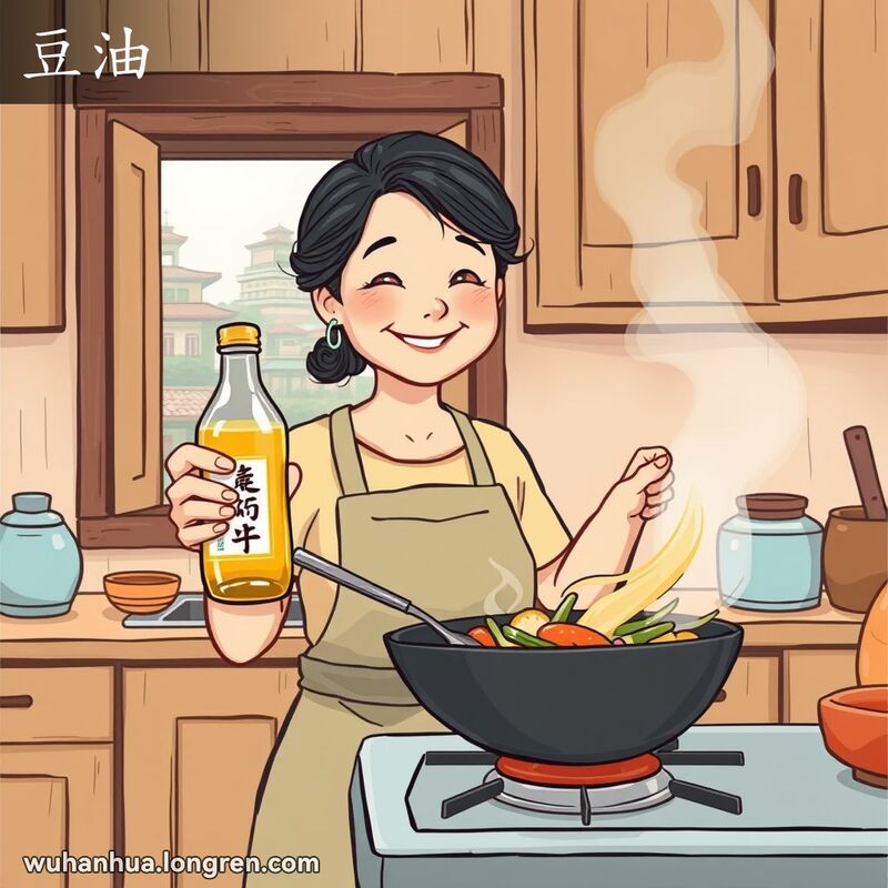 一位中年妇女在厨房中手持豆油瓶，准备倒入炒锅，背景是武汉街景