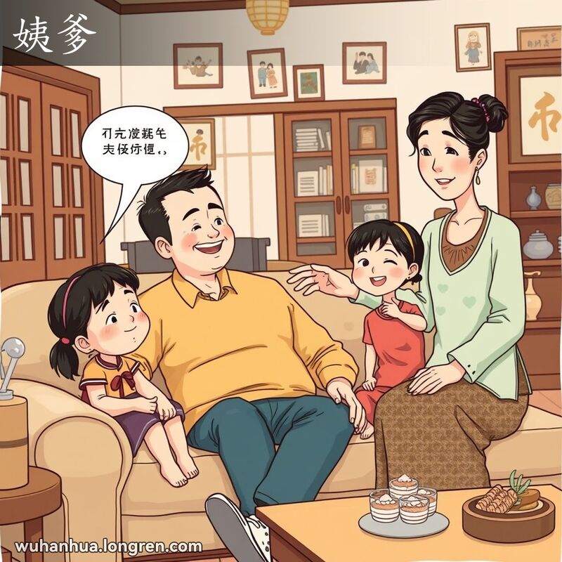 一个温馨的家庭聚会场景，姨母正在向侄女介绍姨爹，背景是武汉家庭装饰
