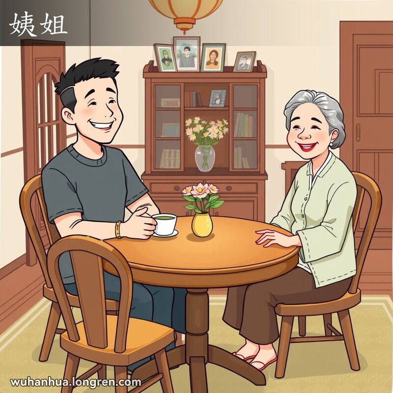 一位年轻男子在客厅里与妻子的姐姐交谈，背景有中式柜子和鲜花，表达“姨姐”的含义。