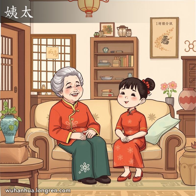 一个武汉传统家庭客厅，老妇人和小女孩坐在沙发上，展现姨太的亲情
