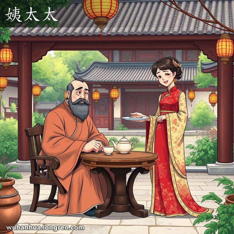 一位中年富商在庭院品茶，旁边站着一位年轻女子，手持茶盘，神态恭敬，表明她是富商的小老婆，背景是传统中国建筑和花园