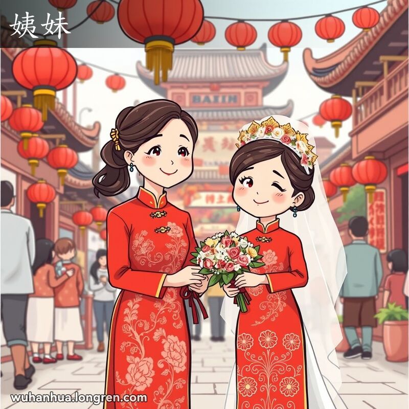 一位穿红色旗袍的年轻女子站在新娘旁边，手持花束，背景是武汉的传统婚礼场景