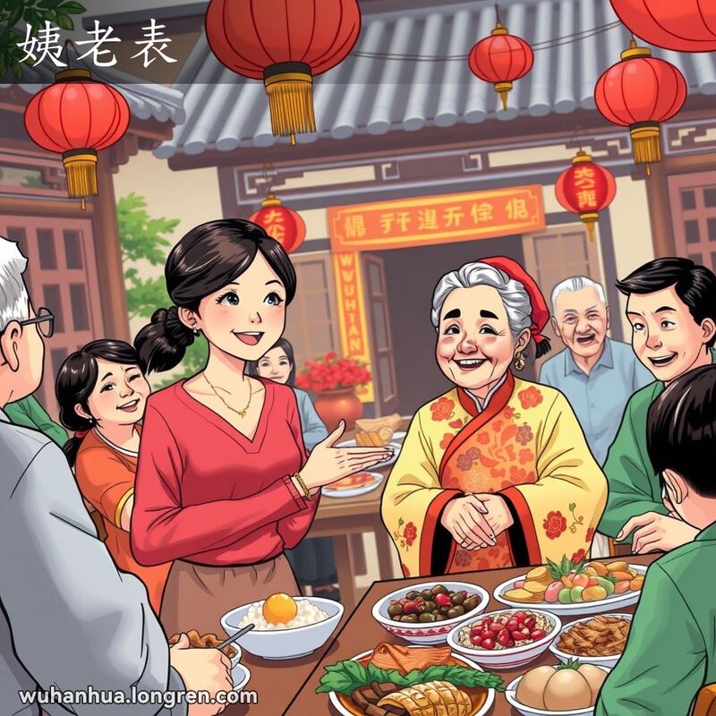 一位年轻女性在武汉家庭聚会中介绍她的阿姨，背景是热闹的节日氛围和丰盛的武汉美食。