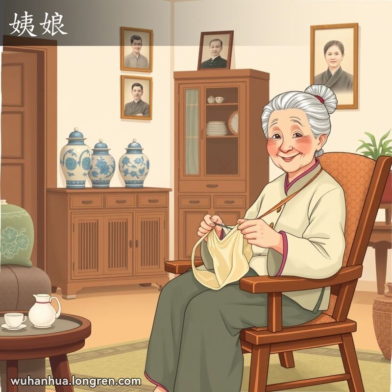一位传统打扮的老妇人在温馨的武汉家庭客厅中织毛衣，背景有老照片和茶具